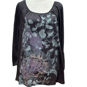 Style & Co Womens Black Purple Blouse Top Bedazzled Ruching Medium EUC